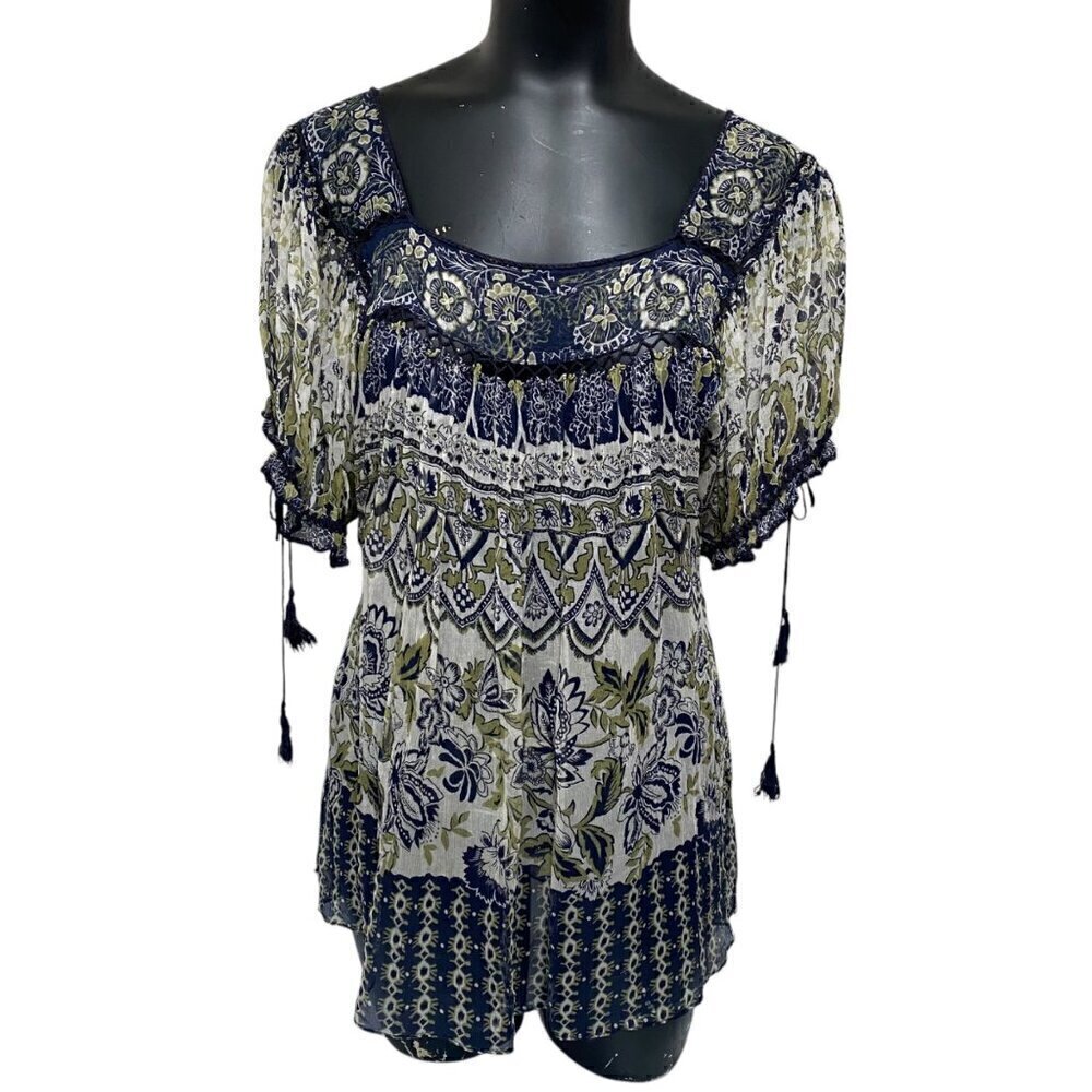 eci New York Silk Blue Floral Aline Top Size M/L